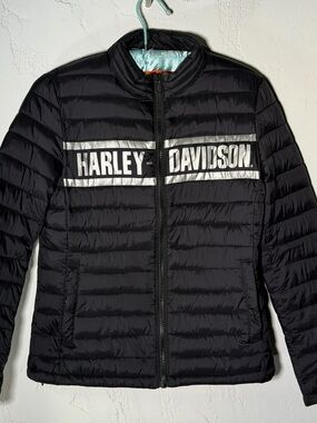 Harley-Davidson Black Puffer Jacket with White Logo Stripe XS